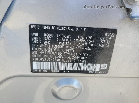 3CZRU6H53NM760064 2022 HONDA HR-V Silver Widok naklejki z numerem VIN