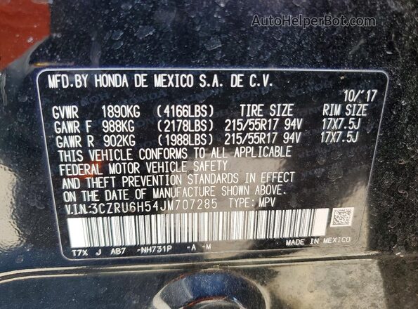 3CZRU6H54JM707285 2018 HONDA HR-V Black Vista de la etiqueta del VIN