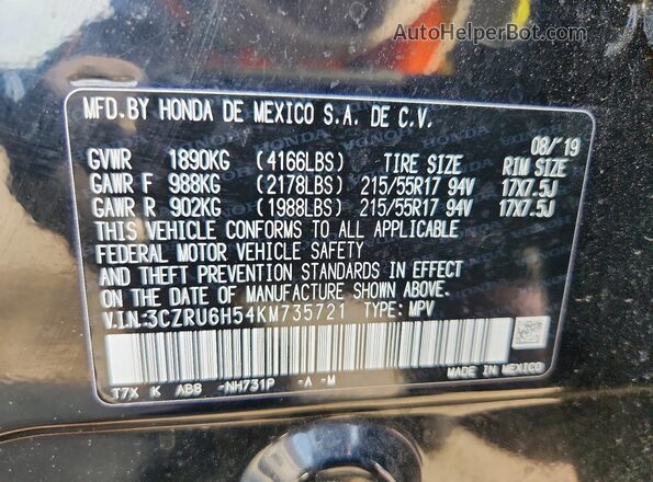 3CZRU6H54KM735721 2019 HONDA HR-V Black Widok naklejki z numerem VIN