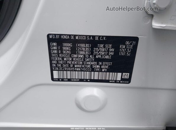 3CZRU6H54MM749332 2021 HONDA HR-V White Widok komory silnika