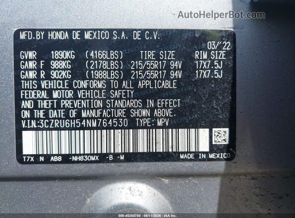 3CZRU6H54NM764530 2022 HONDA HR-V Silver Widok komory silnika