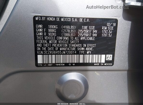 3CZRU6H55JM720014 2018 HONDA HR-V Серебряный 