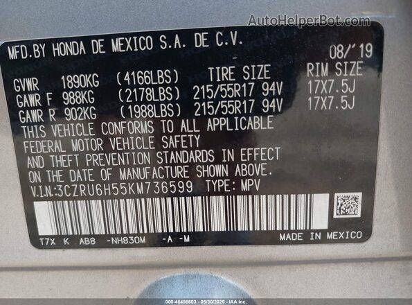 3CZRU6H55KM736599 2019 HONDA HR-V Silver Vista del compartimento del motor