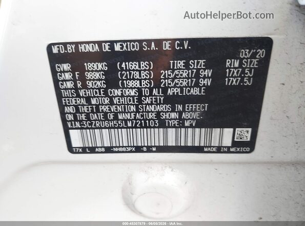 3CZRU6H55LM721103 2020 HONDA HR-V White Widok komory silnika