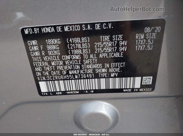 3CZRU6H55LM736491 2020 HONDA HR-V Silver 
