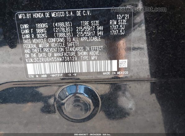 3CZRU6H55NM738129 2022 HONDA HR-V Черный Вид подкапотного пространства
