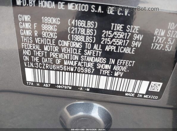 3CZRU6H56HM705967 2017 HONDA HR-V Gray Շարժիչի բաժամունքի տեսք