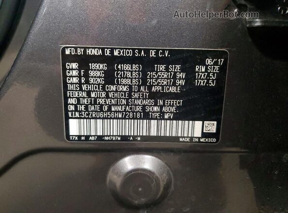 3CZRU6H56HM728181 2017 HONDA HR-V Gray VIN sticker view