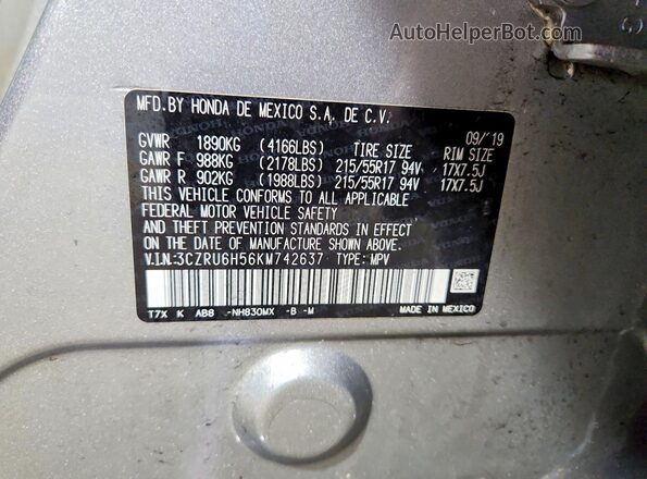 3CZRU6H56KM742637 2019 HONDA HR-V Silver Вид наклейки з VIN-кодом