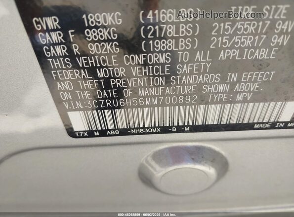 3CZRU6H56MM700892 2021 HONDA HR-V Silver Vista del compartimento del motor
