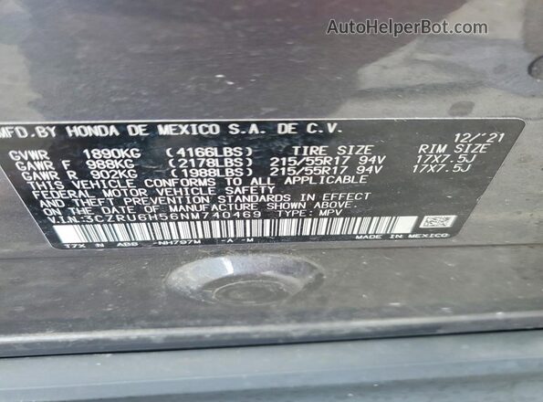 3CZRU6H56NM740469 2022 HONDA HR-V Gray VIN sticker view