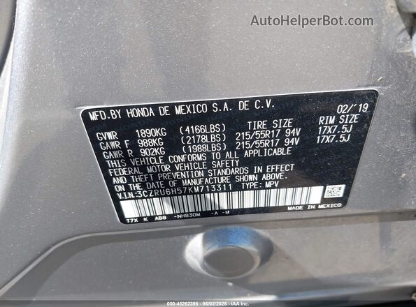 3CZRU6H57KM713311 2019 HONDA HR-V Gray 