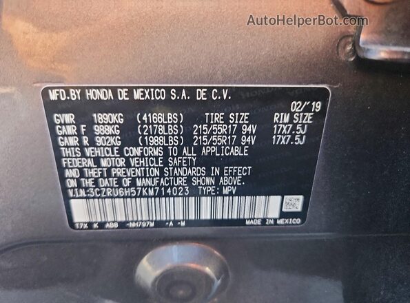 3CZRU6H57KM714023 2019 HONDA HR-V Gray Widok wnętrza 360 stopni