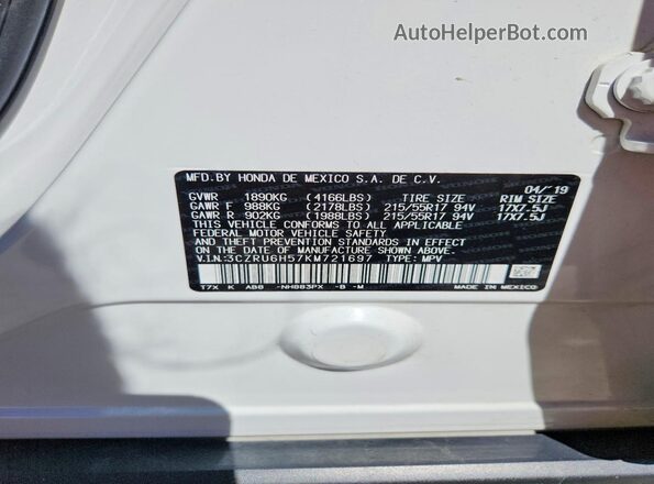 3CZRU6H57KM721697 2019 HONDA HR-V White VIN sticker view