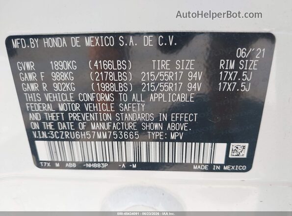 3CZRU6H57MM753665 2021 HONDA HR-V White Engine compartment view