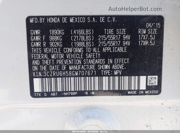 3CZRU6H58GM707671 2016 HONDA HR-V White 