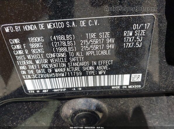3CZRU6H58HM711799 2017 HONDA HR-V Black Widok komory silnika