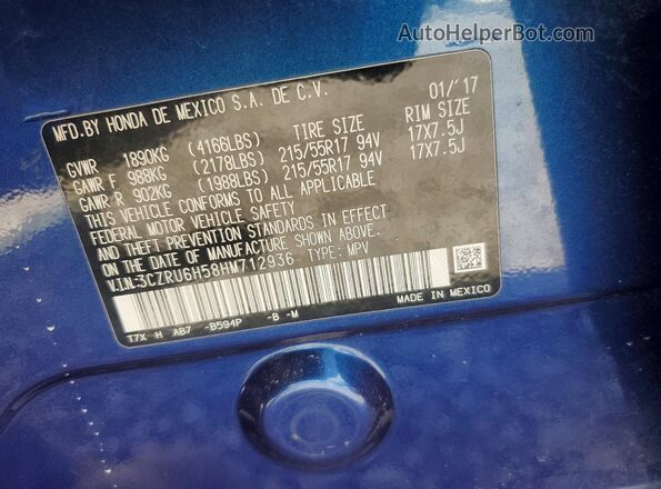 3CZRU6H58HM712936 2017 HONDA HR-V Blue VIN კოდის სტიკერის ხედი