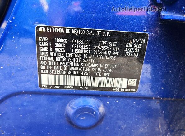3CZRU6H58JM714854 2018 HONDA HR-V Blue 