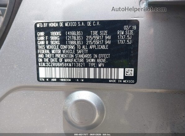 3CZRU6H58KM713821 2019 HONDA HR-V Silver Вид підкапотного простору