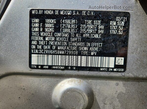 3CZRU6H58MM729908 2021 HONDA HR-V Silver Вид наклейки з VIN-кодом