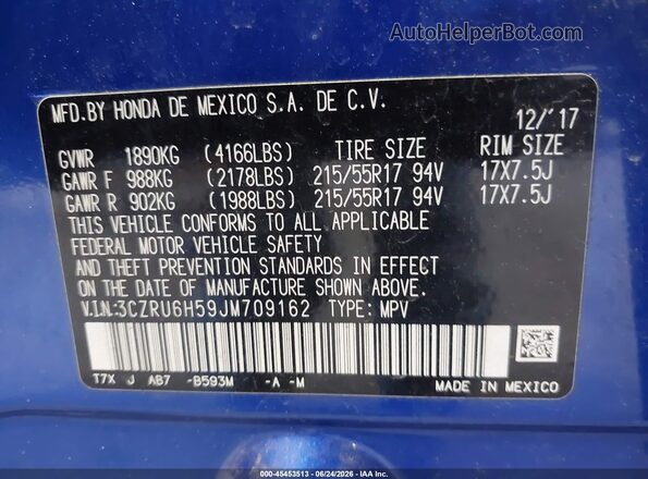 3CZRU6H59JM709162 2018 HONDA HR-V Blue ძრავის განყოფილების ხედი