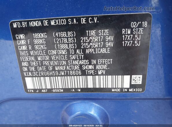 3CZRU6H59JM718606 2018 HONDA HR-V Blue ძრავის განყოფილების ხედი