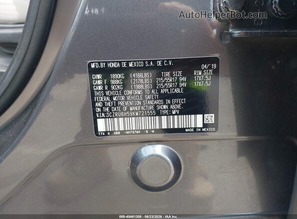 3CZRU6H59KM721555 2019 HONDA HR-V Gray Вид підкапотного простору