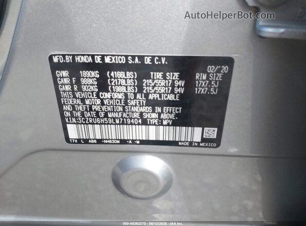 3CZRU6H59LM719404 2020 HONDA HR-V Silver ძრავის განყოფილების ხედი