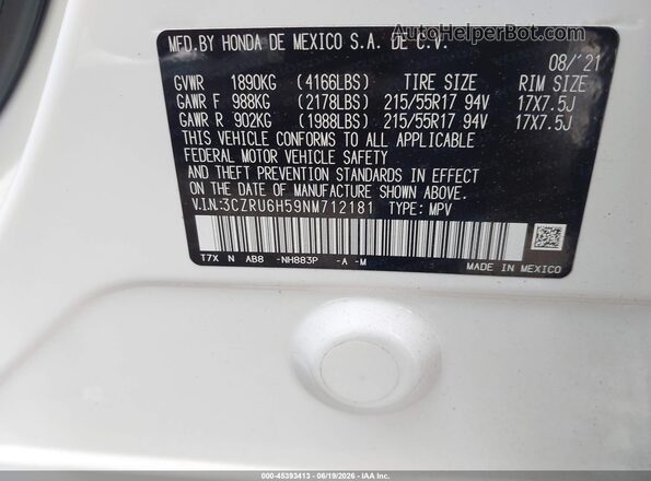 3CZRU6H59NM712181 2022 HONDA HR-V White Շարժիչի բաժամունքի տեսք