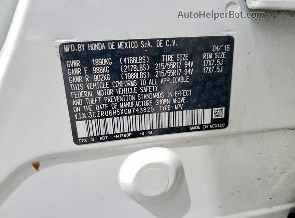 3CZRU6H5XGM743829 2016 HONDA HR-V White VIN sticker view