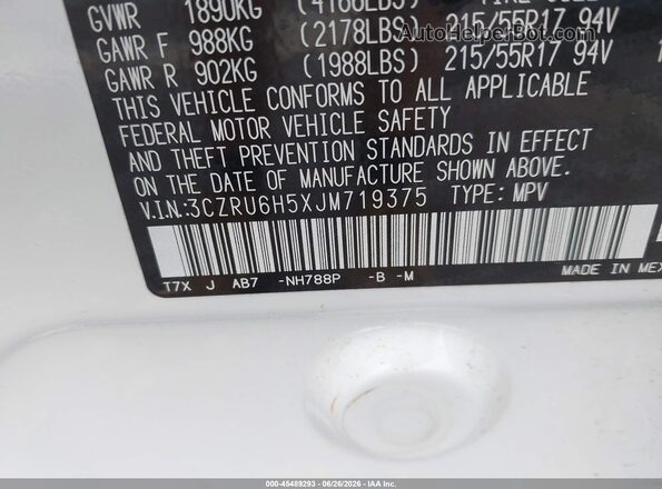 3CZRU6H5XJM719375 2018 HONDA HR-V White Շարժիչի բաժամունքի տեսք