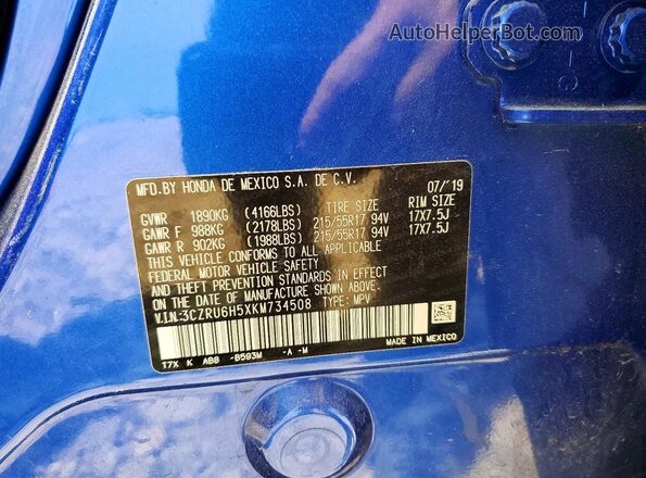 3CZRU6H5XKM734508 2019 HONDA HR-V Blue VIN կոդի պիտակի տեսք