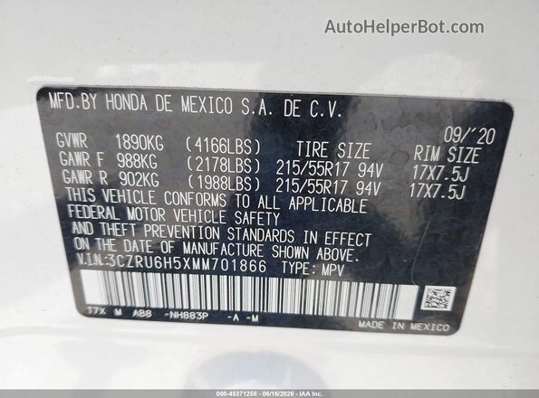 3CZRU6H5XMM701866 2021 HONDA HR-V White Engine compartment view