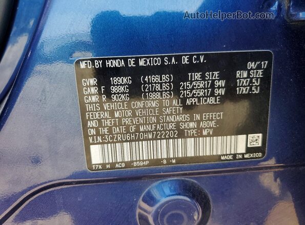 3CZRU6H70HM722202 2017 HONDA HR-V Blue VIN կոդի պիտակի տեսք
