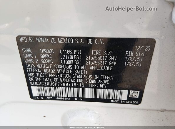 3CZRU6H72MM718419 2021 HONDA HR-V White Vista del compartimento del motor