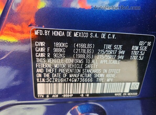 3CZRU6H74GM736666 2016 HONDA HR-V Blue 