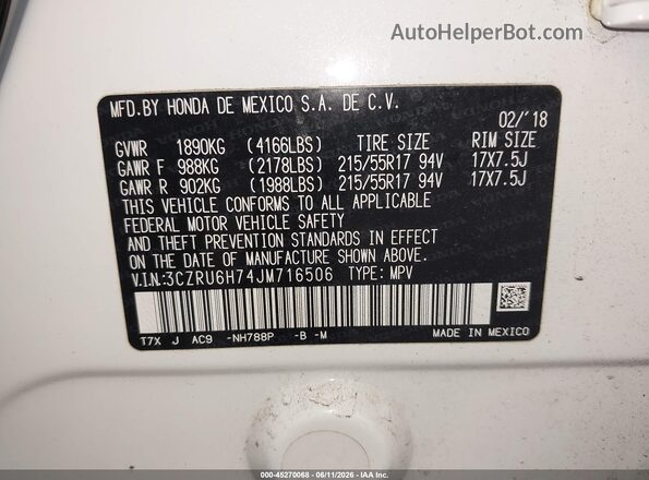3CZRU6H74JM716506 2018 HONDA HR-V White Вид підкапотного простору