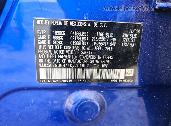 3CZRU6H74KM701652 2019 HONDA HR-V Blue Vista de la etiqueta del VIN