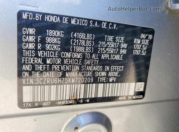3CZRU6H75KM720209 2019 HONDA HR-V Silver VIN կոդի պիտակի տեսք
