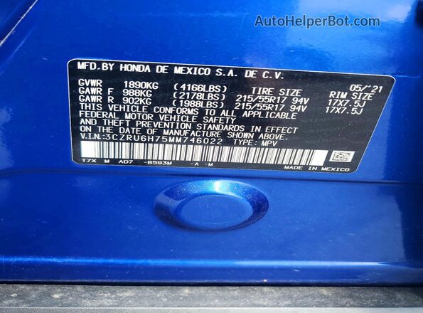 3CZRU6H75MM746022 2021 HONDA HR-V Blue Engine compartment view