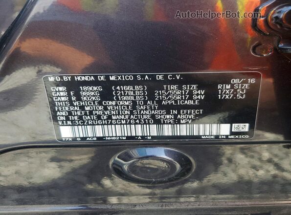3CZRU6H76GM764310 2016 HONDA HR-V Черный Вид наклейки с VIN-кодом