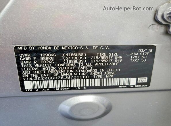 3CZRU6H76JM722260 2018 HONDA HR-V Silver 