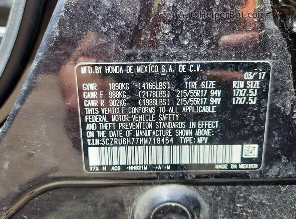 3CZRU6H77HM718454 2017 HONDA HR-V Gray VIN sticker view