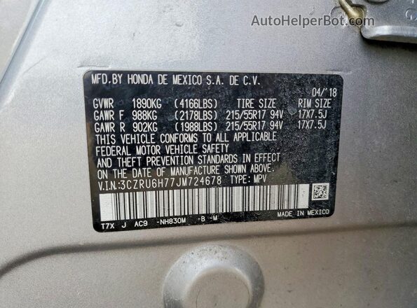 3CZRU6H77JM724678 2018 HONDA HR-V Silver Vista de la etiqueta del VIN