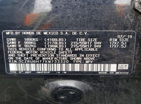 3CZRU6H77KM733320 2019 HONDA HR-V Black 