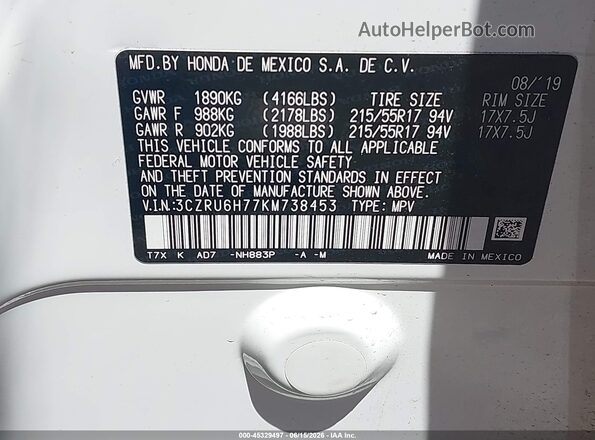 3CZRU6H77KM738453 2019 HONDA HR-V White 
