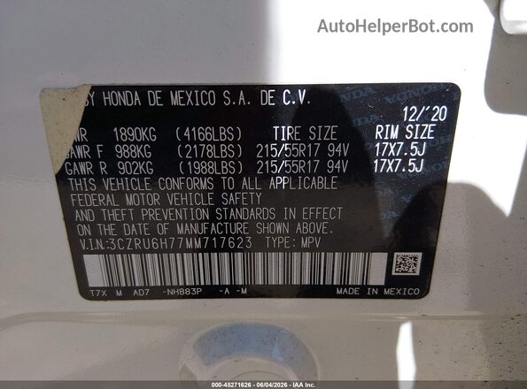 3CZRU6H77MM717623 2021 HONDA HR-V White 