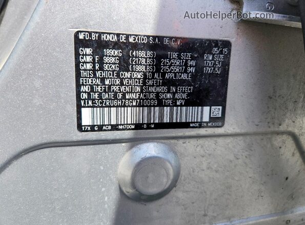 3CZRU6H78GM710099 2016 HONDA HR-V Silver 
