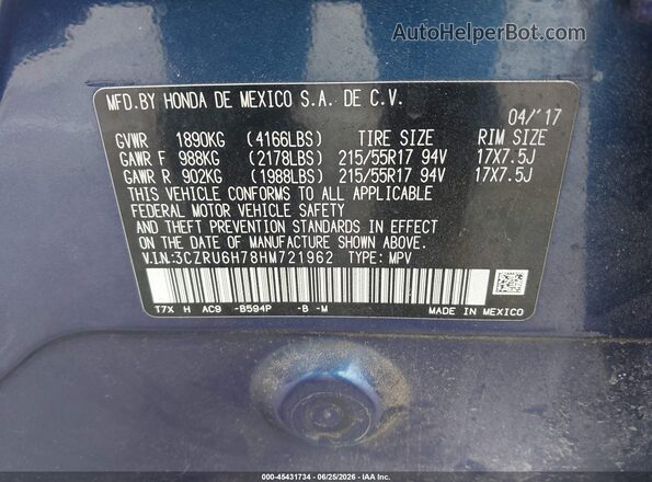3CZRU6H78HM721962 2017 HONDA HR-V Синий Вид подкапотного пространства